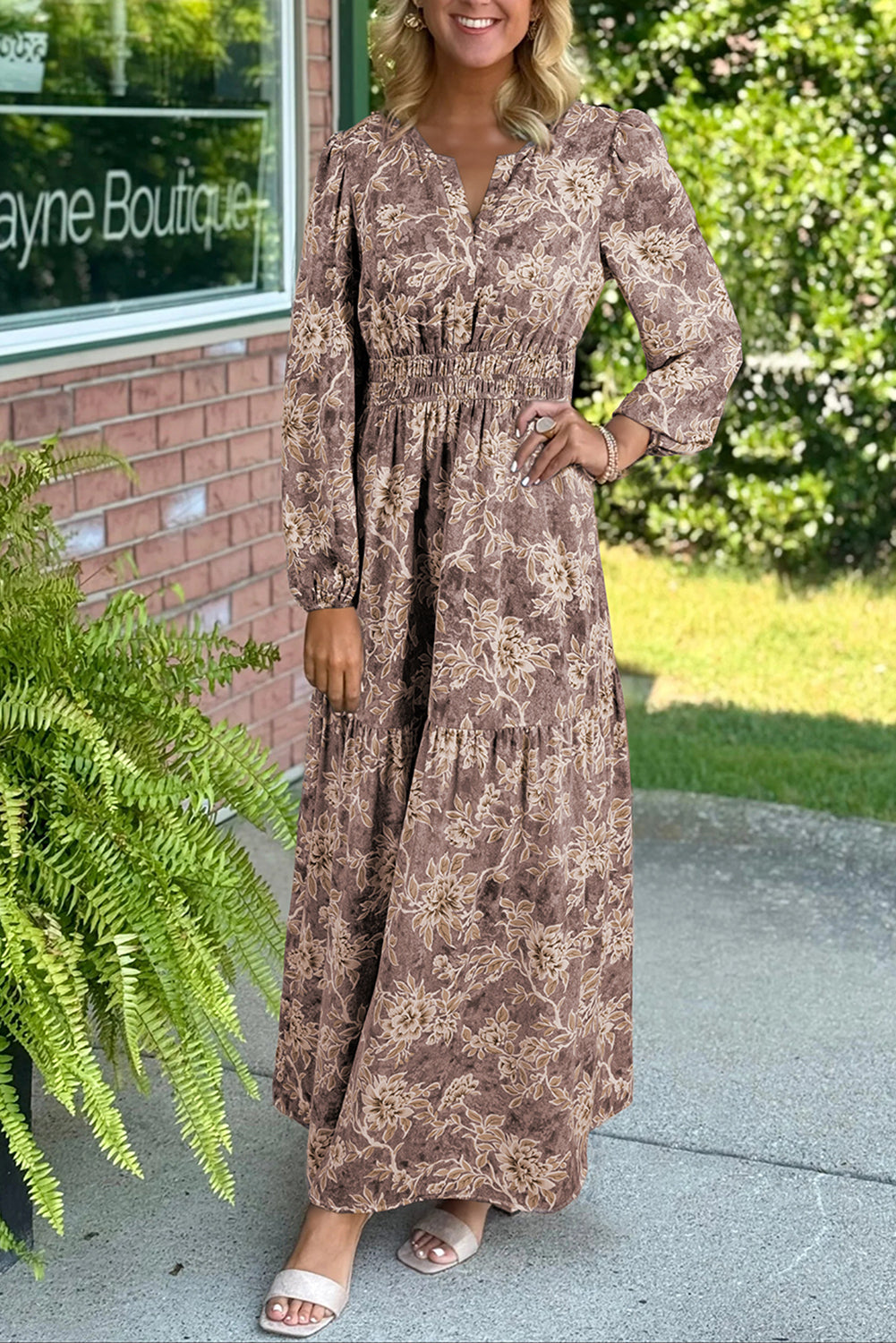 Floral Print Smocked Long Sleeve Maxi Dress - Brown / S - Dresses/Maxi Dresses