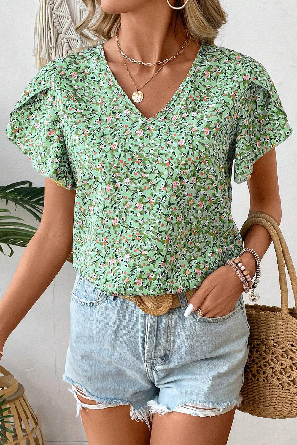Green Boho Floral V Neck Wrap Short Sleeve Blouse eAura