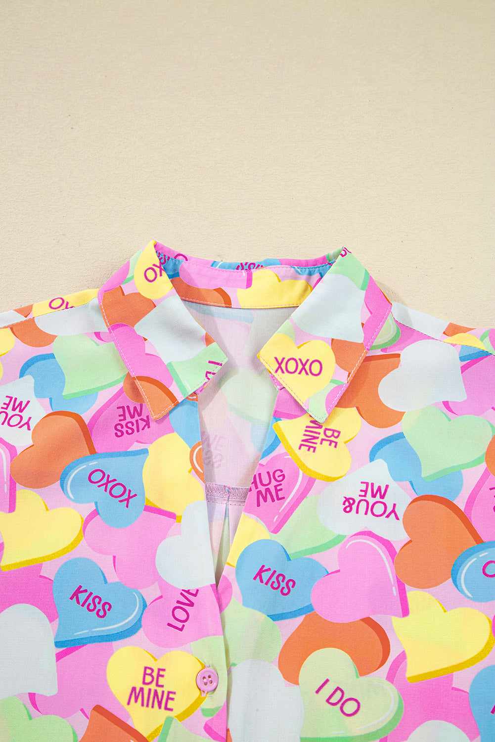 Candy Heart V-Neck Collared Tunic Shirt and Shorts Pyjama Set - eAura