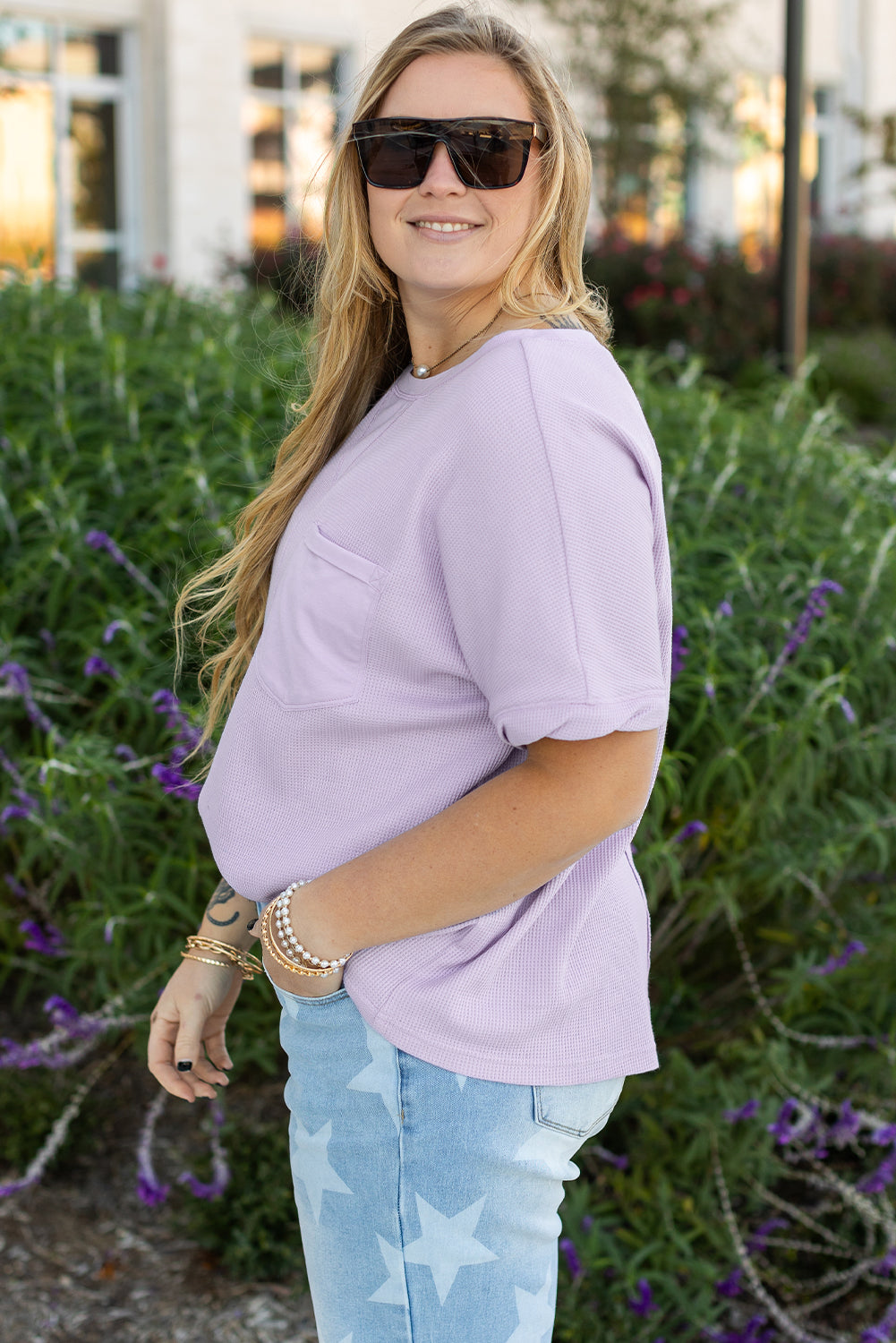 Orchid Petal Waffle Knit Short Sleeve Patched Pocket Plus Size Top BB Fashion Outlet