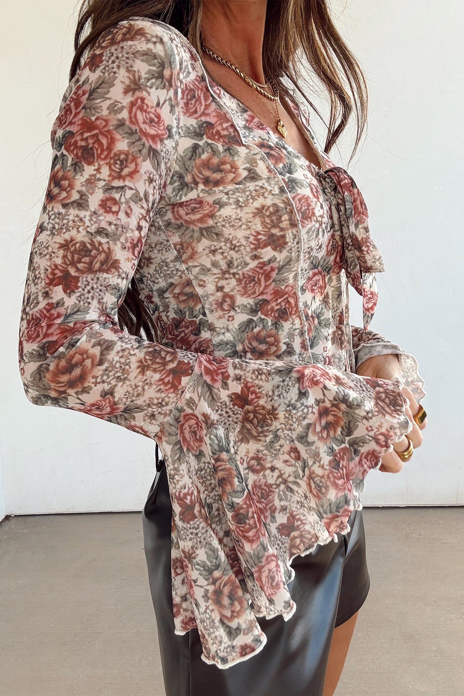 Floral Print Stitched Detail Tie V-Neck Long Bell Sleeve Blouse - Blouses & Shirts