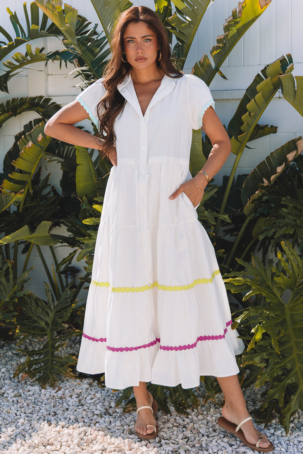 White Colorblock Rickrack Trim Short Sleeve Drawstring Waist Long Dress BB Fashion Outlet