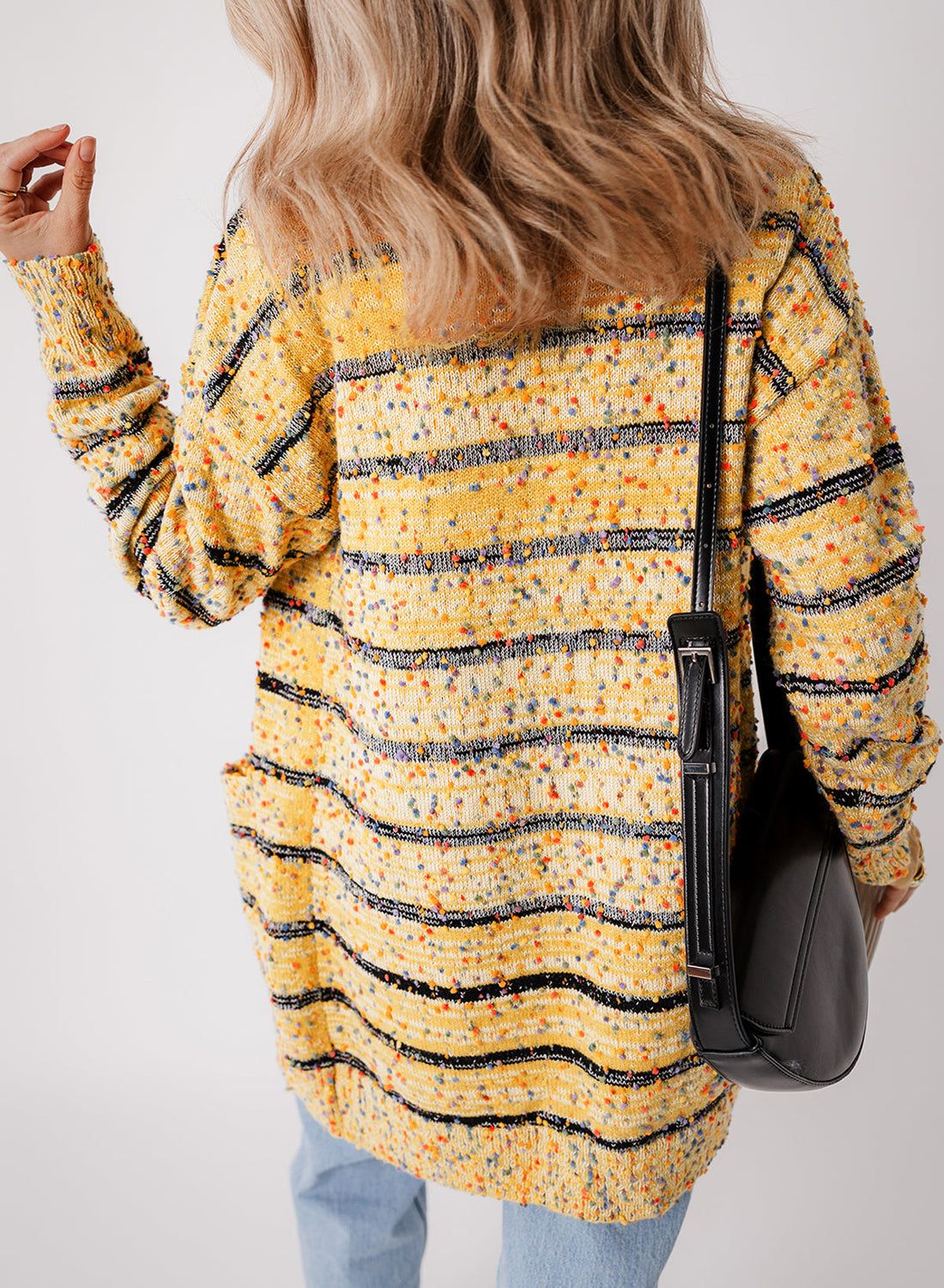 Beige Striped Pom Pom Knit Open Front Long Cardigan eAura