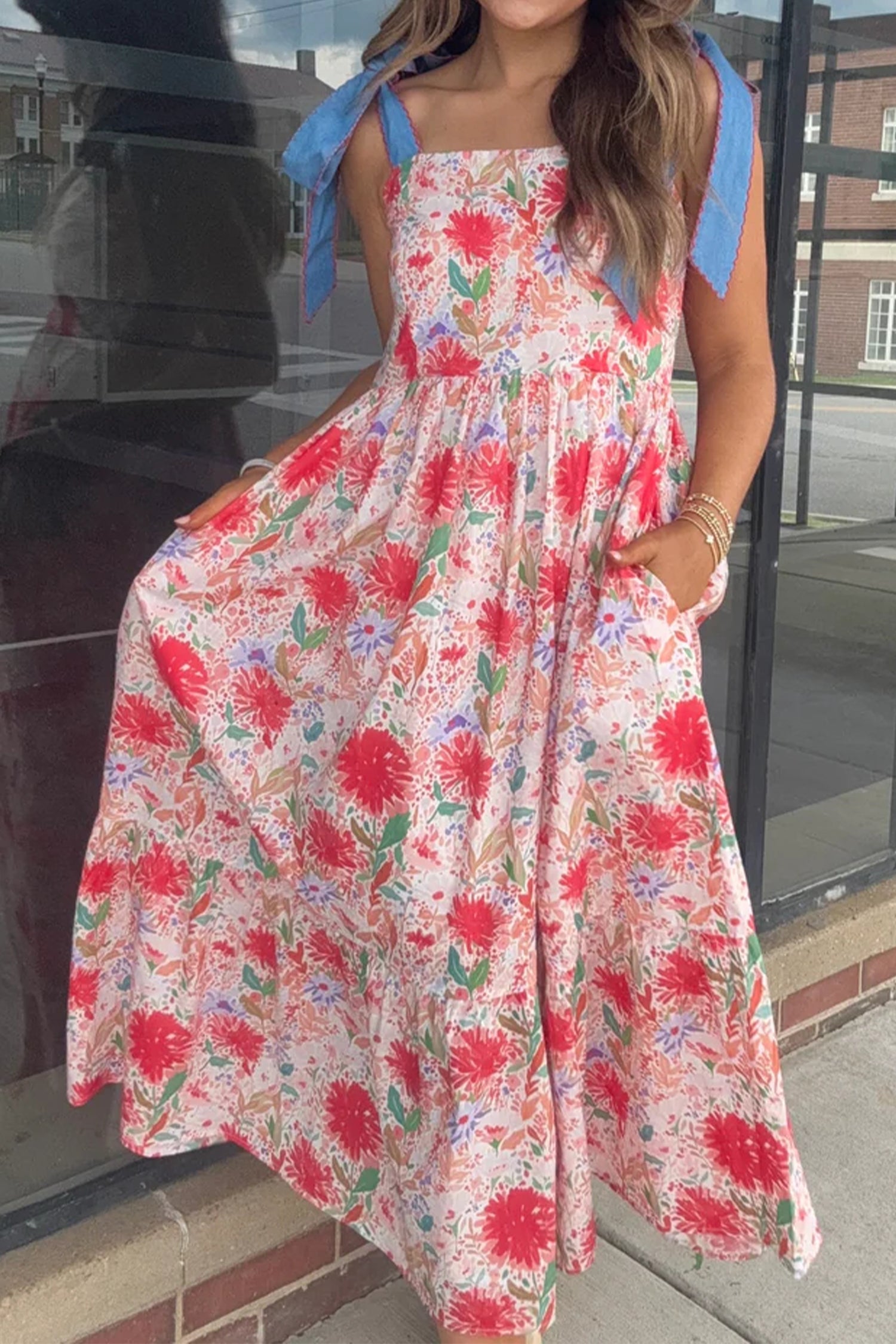 Floral Print Contrast Stitched Knot Denim Straps Maxi Dress