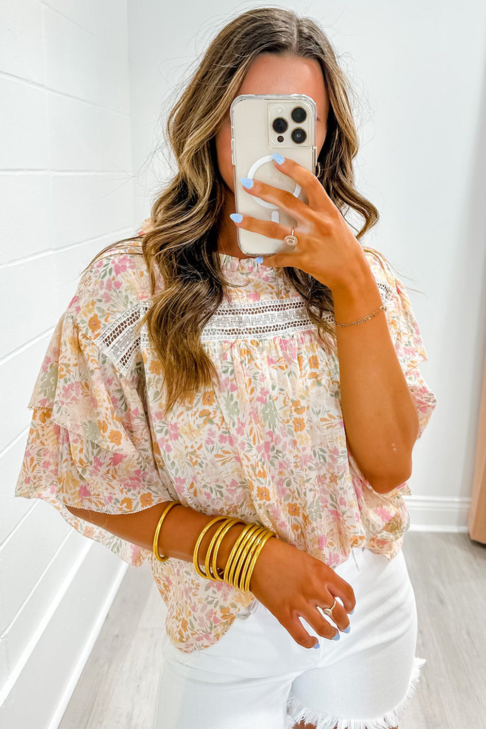 MultiColour Floral Print Wide Ruffle Sleeves Blouse eAura
