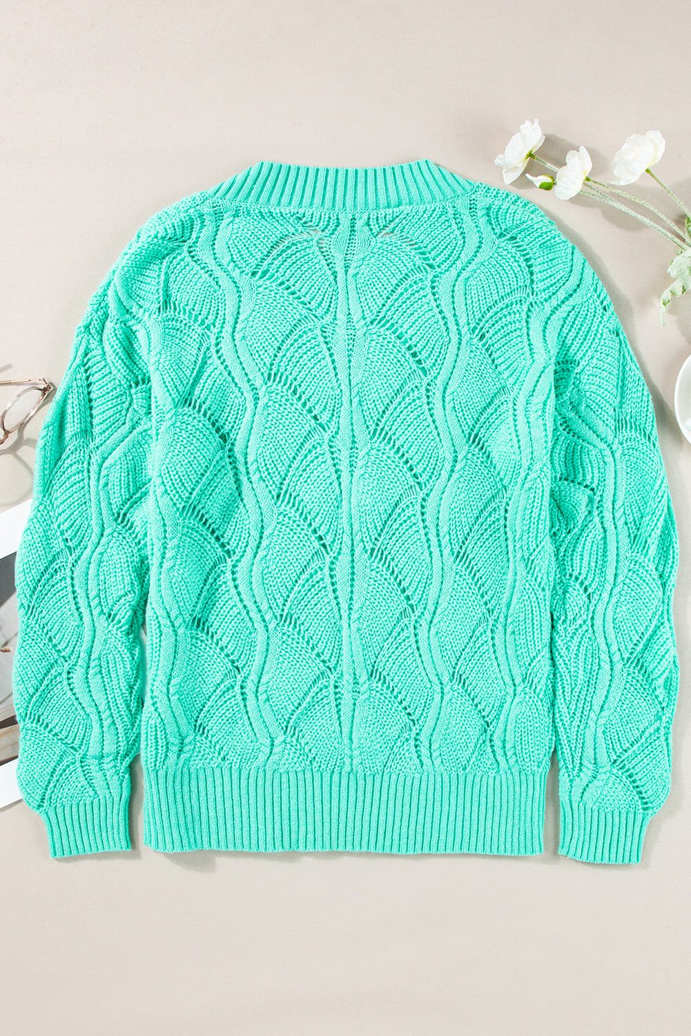 Mint Green Hollow Out Knit V Neck Drop Shoulder Sweater eAura