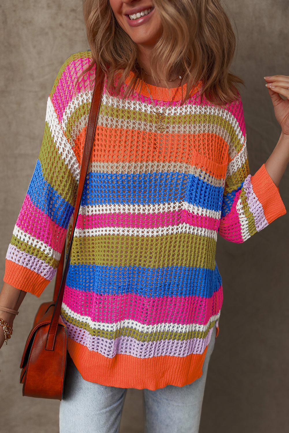 Pink Stripe Colourblock Hollowed Crochet 3/4 Sleeve Sweater eAura