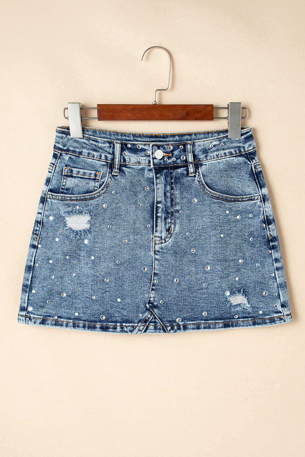 Dusk Blue Rhinestone Distressed Denim High Waist Mini Skirt eAura