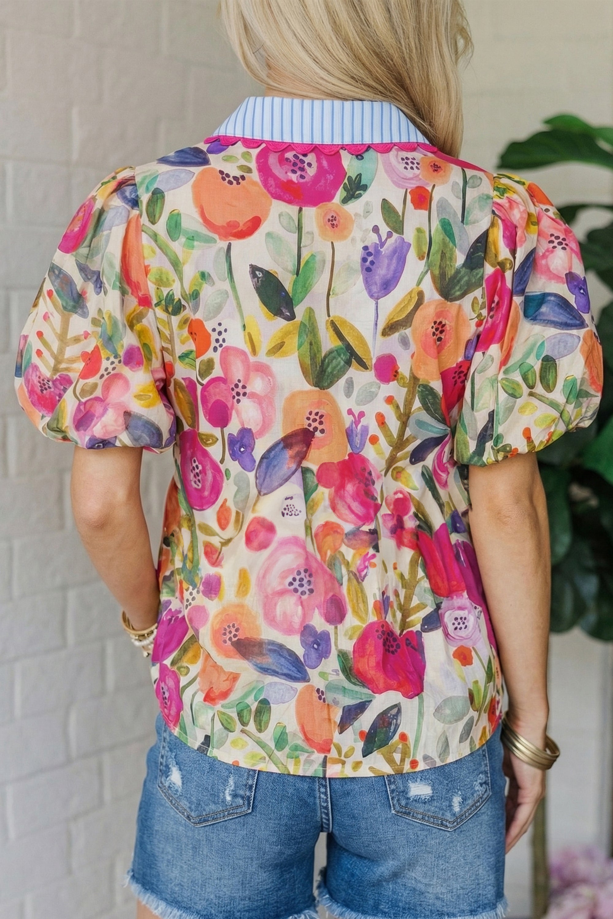 Floral Print V Neck Short Puff Sleeve Cotton Blouse – Rose