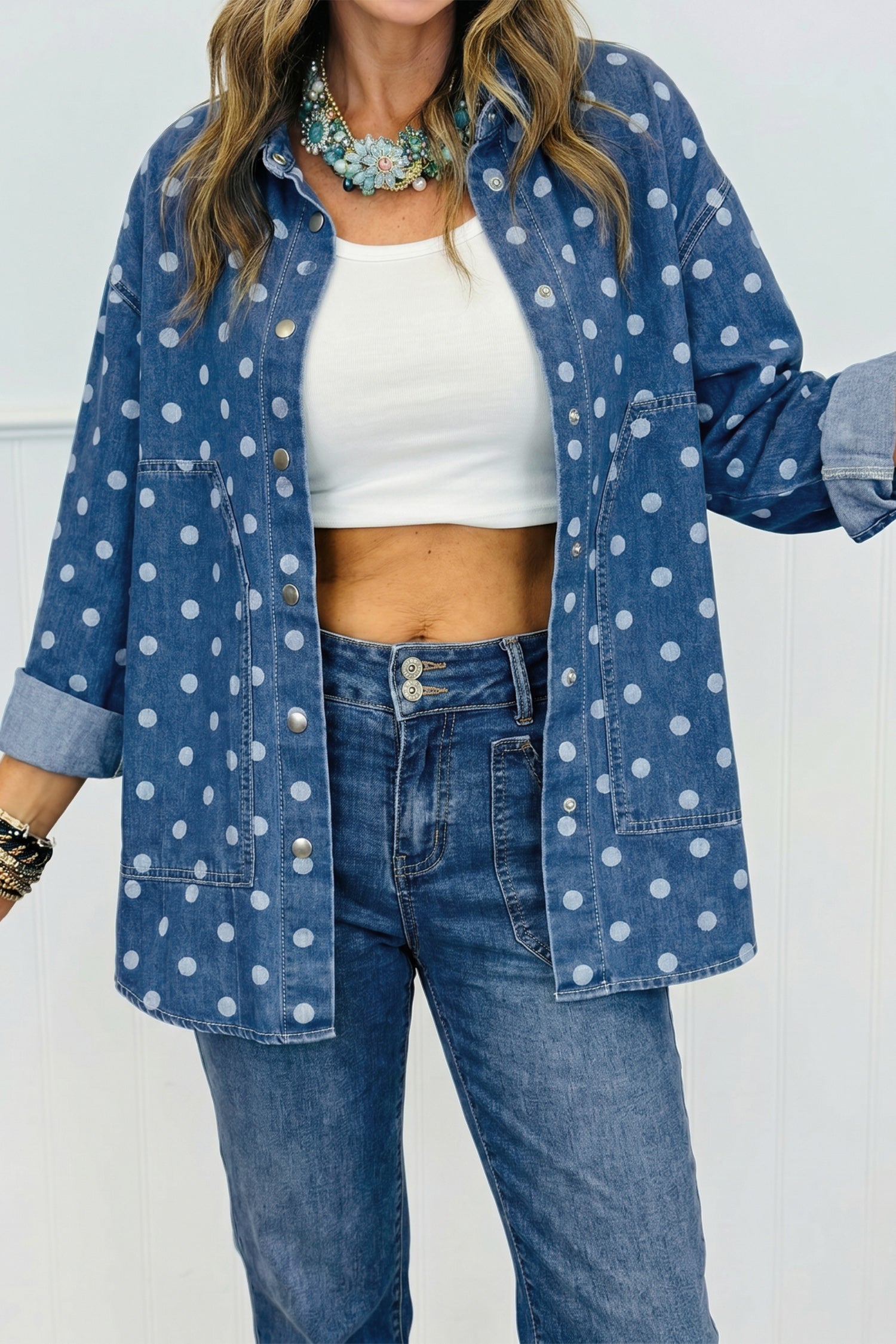 Polka Dot Long Sleeve Collar Shift Tunic Denim Jacket – Blue