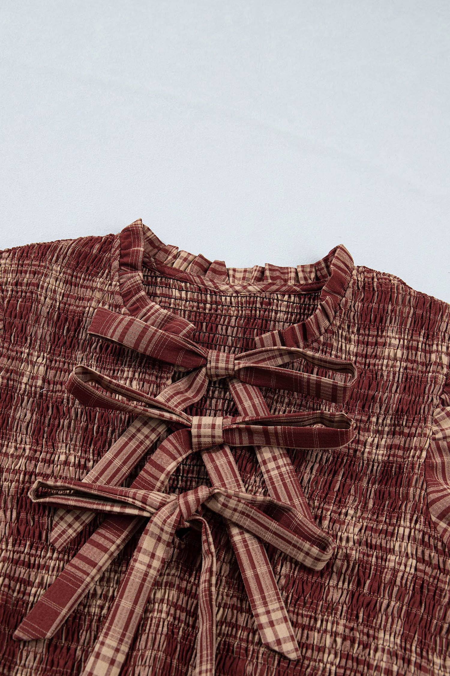 Vintage Plaid Knot Front Smocked High Waist Midi Dress – Red
