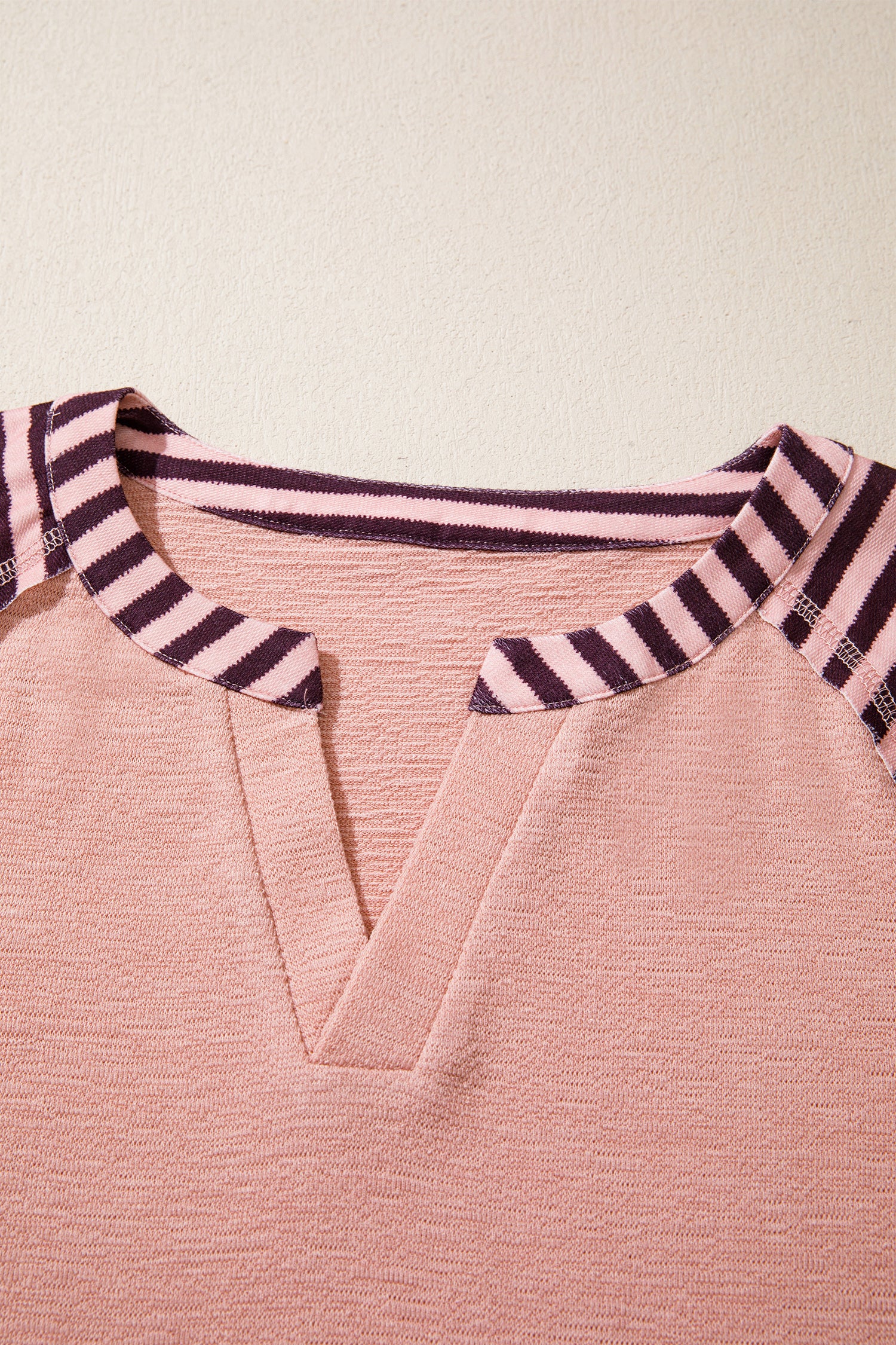V Neck Colorblock Patchwork Striped Floral Long Sleeve Casual Top – Light Pink