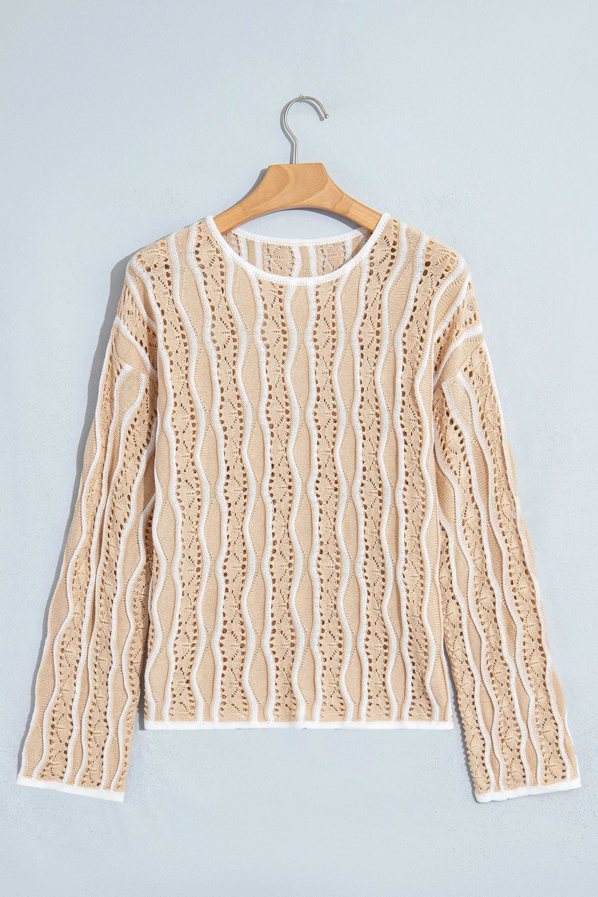 Wavy Detail Hollow Out Knit Long Sleeve Cotton Pullover Sweater – Pink