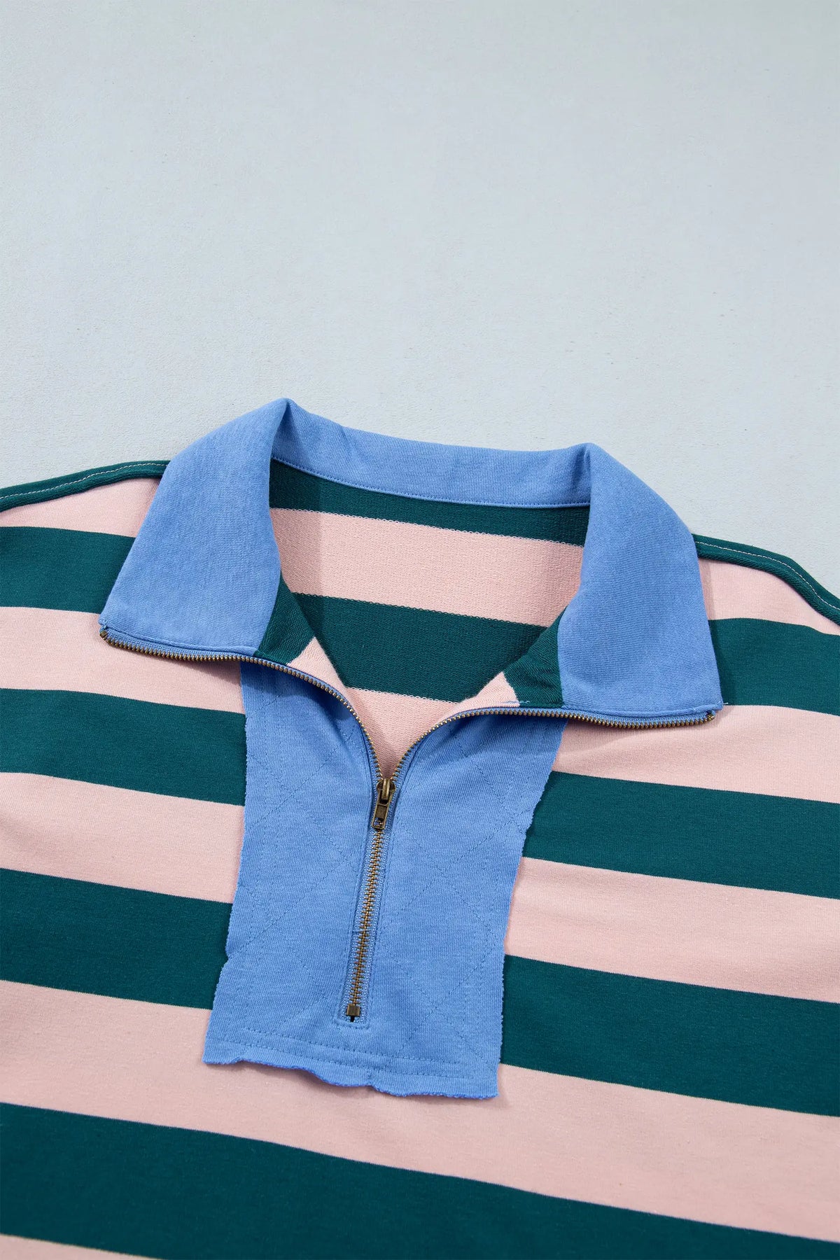 Quarter-Zip Metal Zipper Cover Stitch Hem Top – Green Stripe