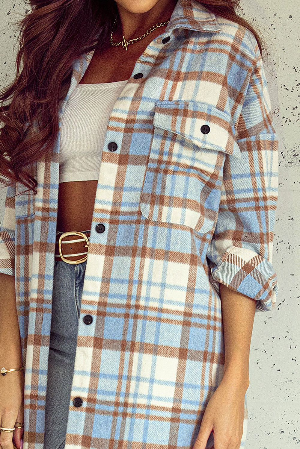 Sky Blue Plaid Flap Pocket Long Sleeve Shacket Beagle Boutique Fashion Outlet