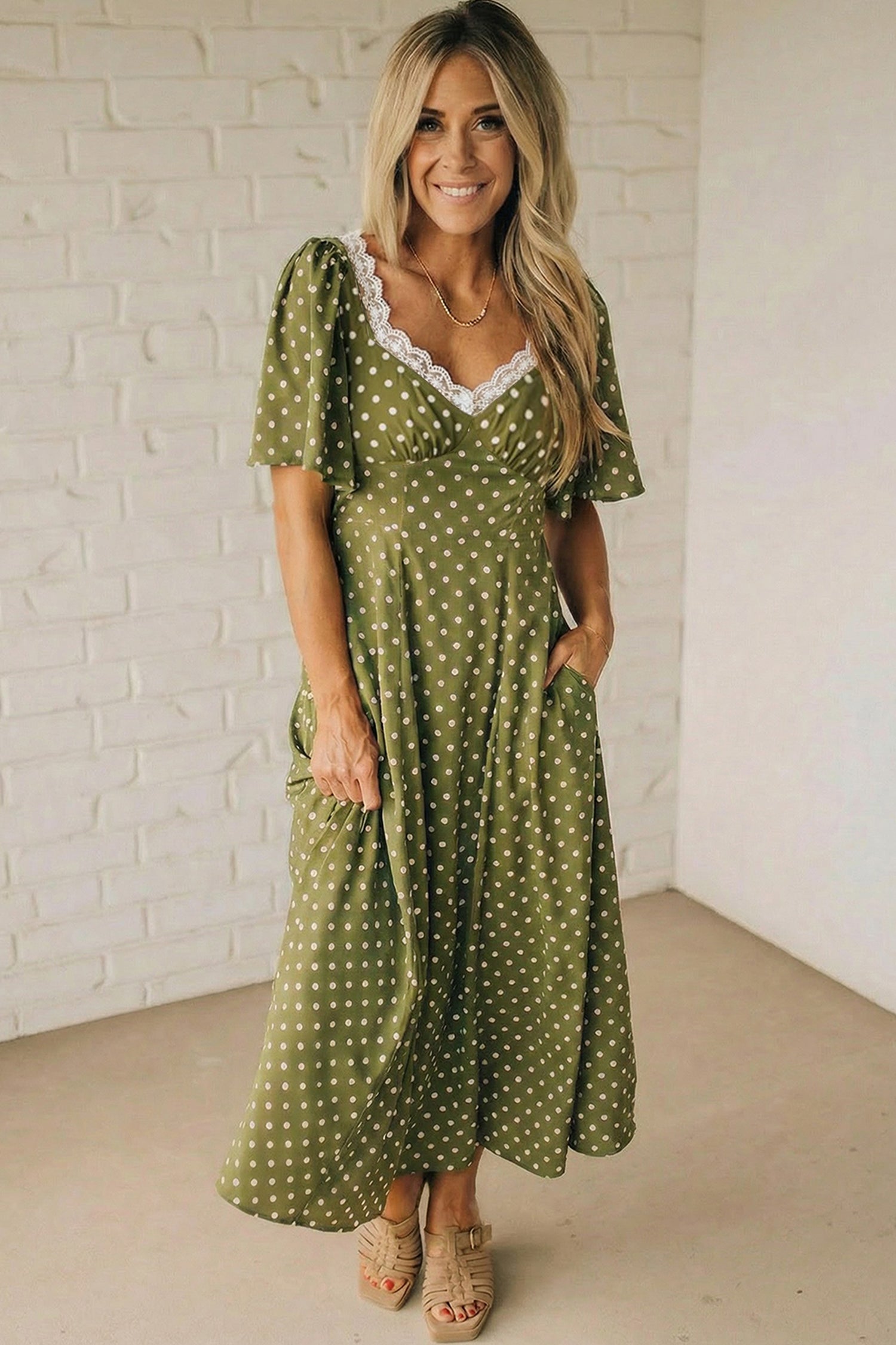 Polka Dot Print Lacy Neckline Smocked Maxi Dress - Dresses/Maxi Dresses