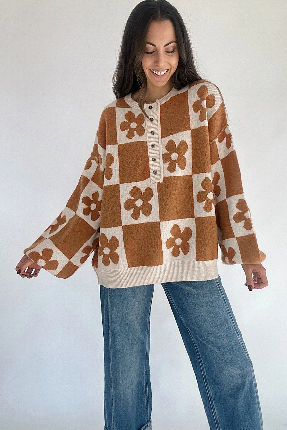 Flower Colourblock Checkered Henley Sweater - eAura