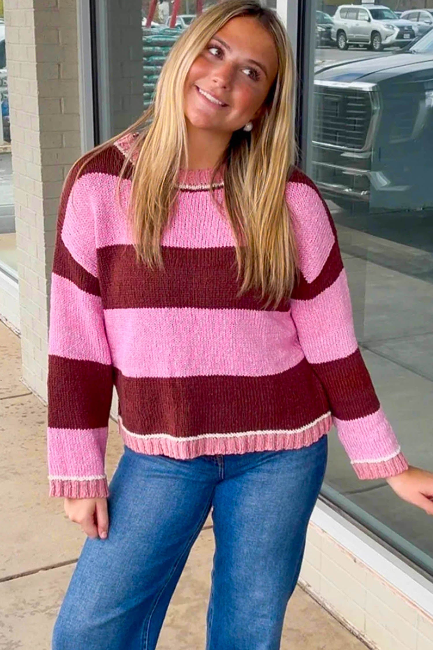 Striped Drop Shoulder Long Sleeve Pullover Regular Fit Knit Sweater – Pink Stripe