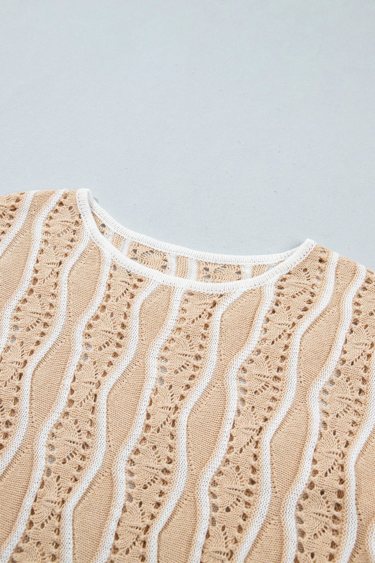Wavy Detail Hollow Out Knit Long Sleeve Cotton Pullover Sweater – Pink