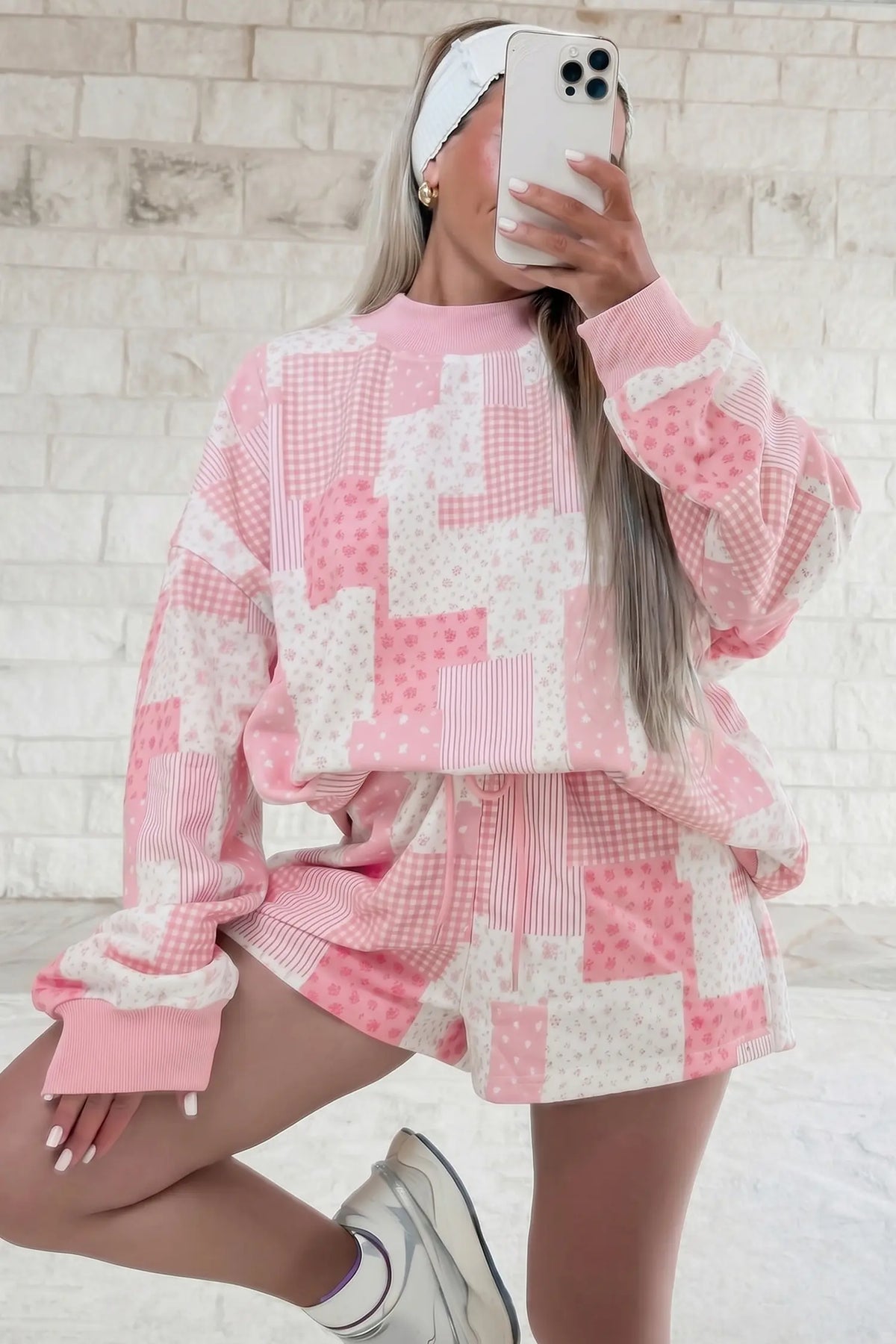 Sky Blue Patchwork Floral Print Drop Shoulder Baggy Pullover Drawstring Shorts Set – Light Blue