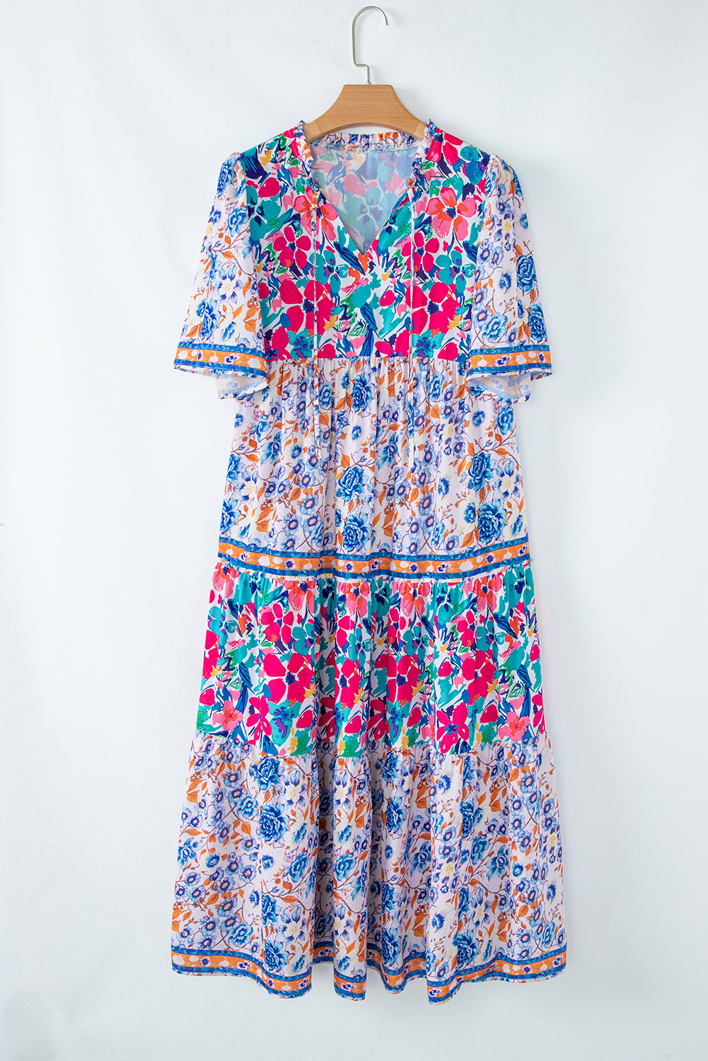 Sky Blue Mixed Floral Print Tie Split Neck Short Sleeve Dress eAura