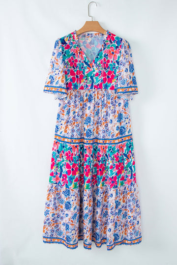 Sky Blue Mixed Floral Print Tie Split Neck Short Sleeve Dress - Dresses/Floral Dresses