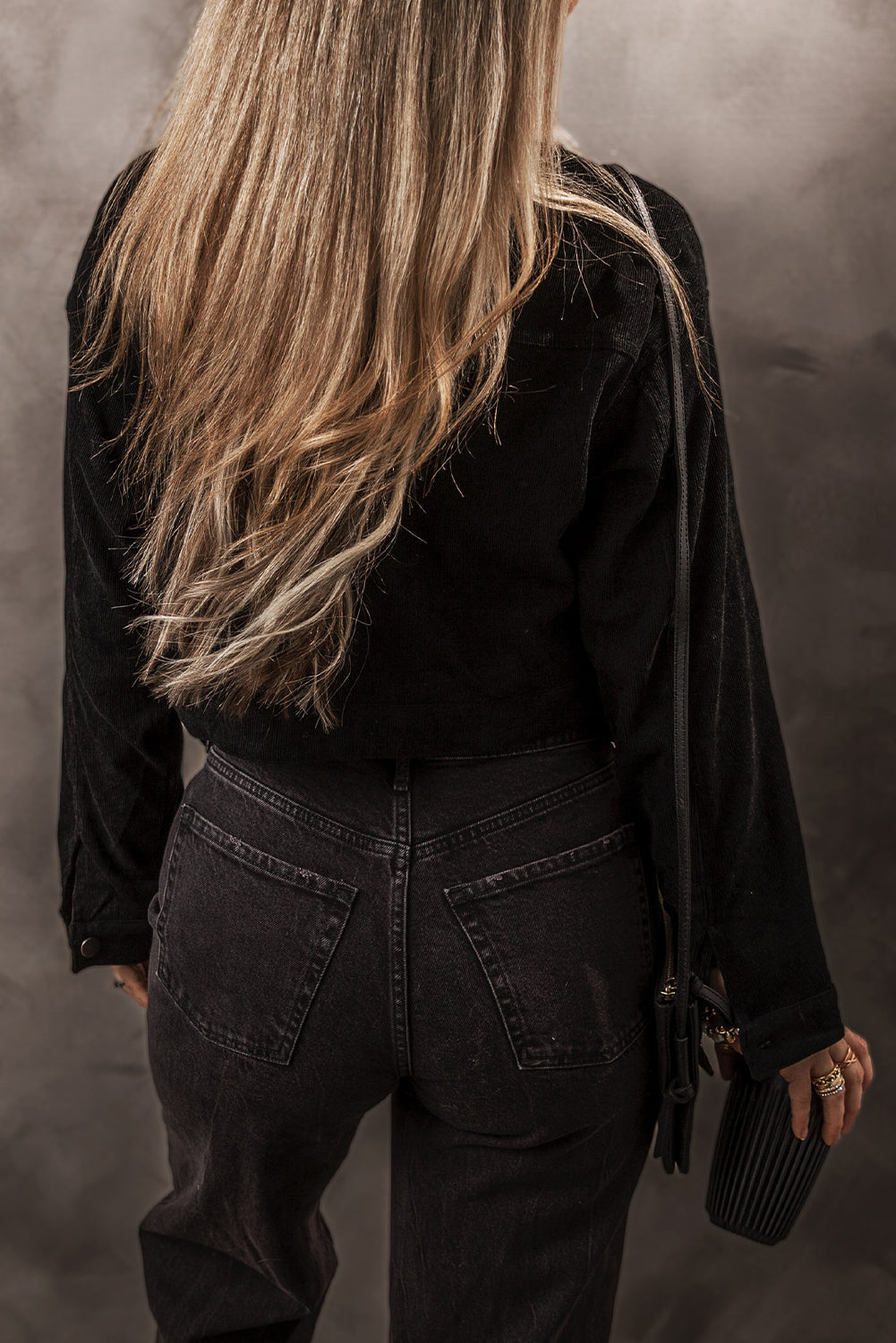 Black Fleece Lined Button-up Collared Corduroy Crop Jacket eAura