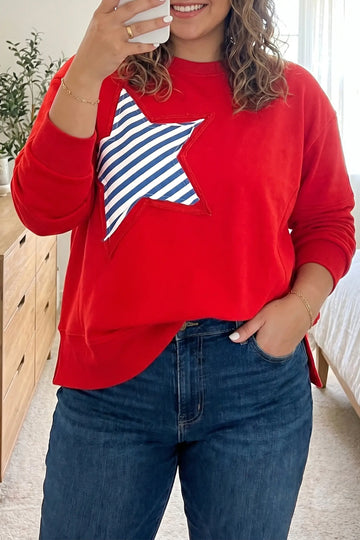 Patch Embroidery Star Colourblock Plus Size Sweatshirt – Fiery Red