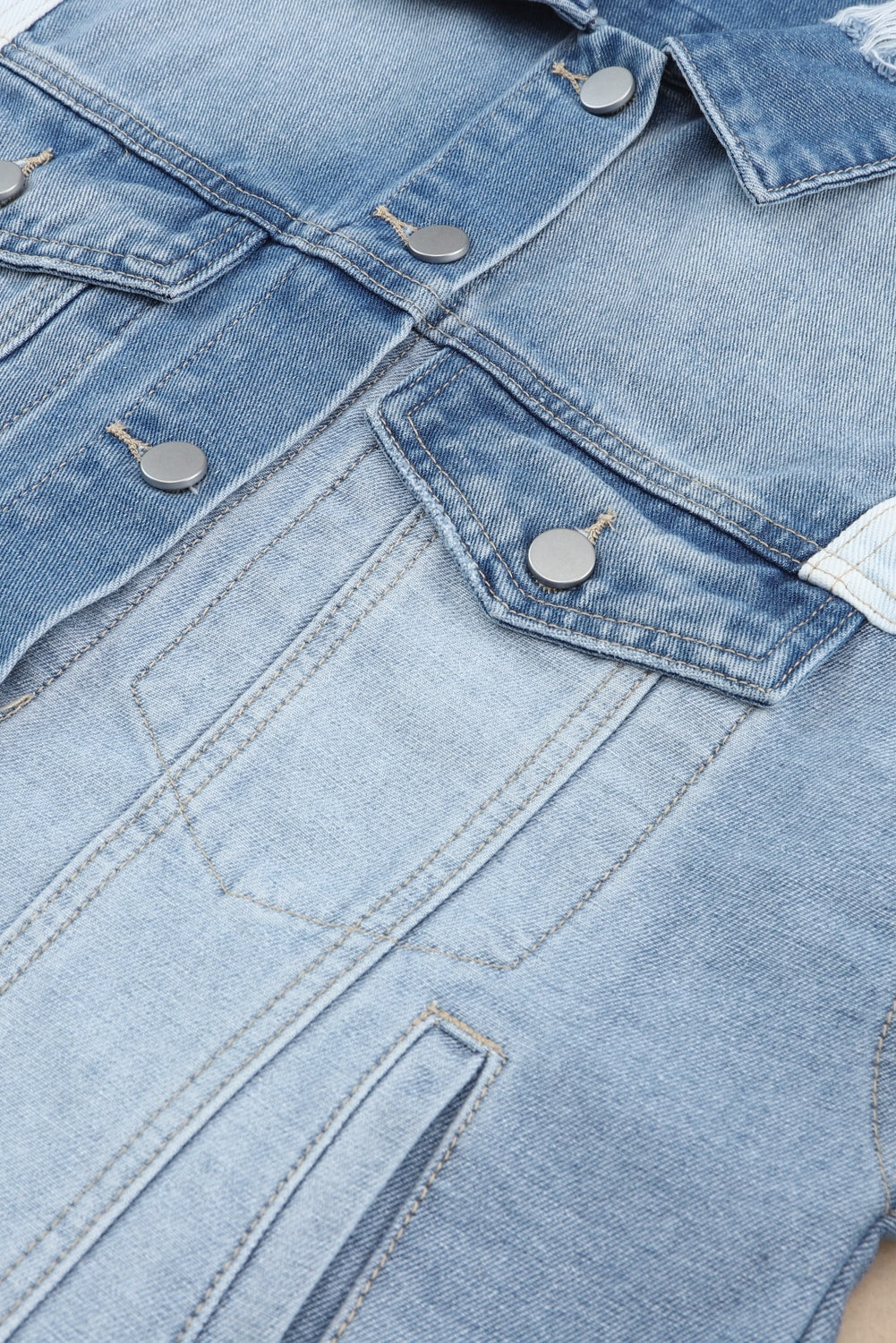 Sky Blue Colour Block Denim Patchwork Frayed Hem Jacket Beagle Boutique Fashion Outlet