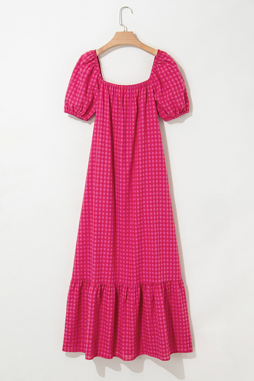 Rose Ginham Check Bubble Sleeve Ruffled Maxi Dress - eAura