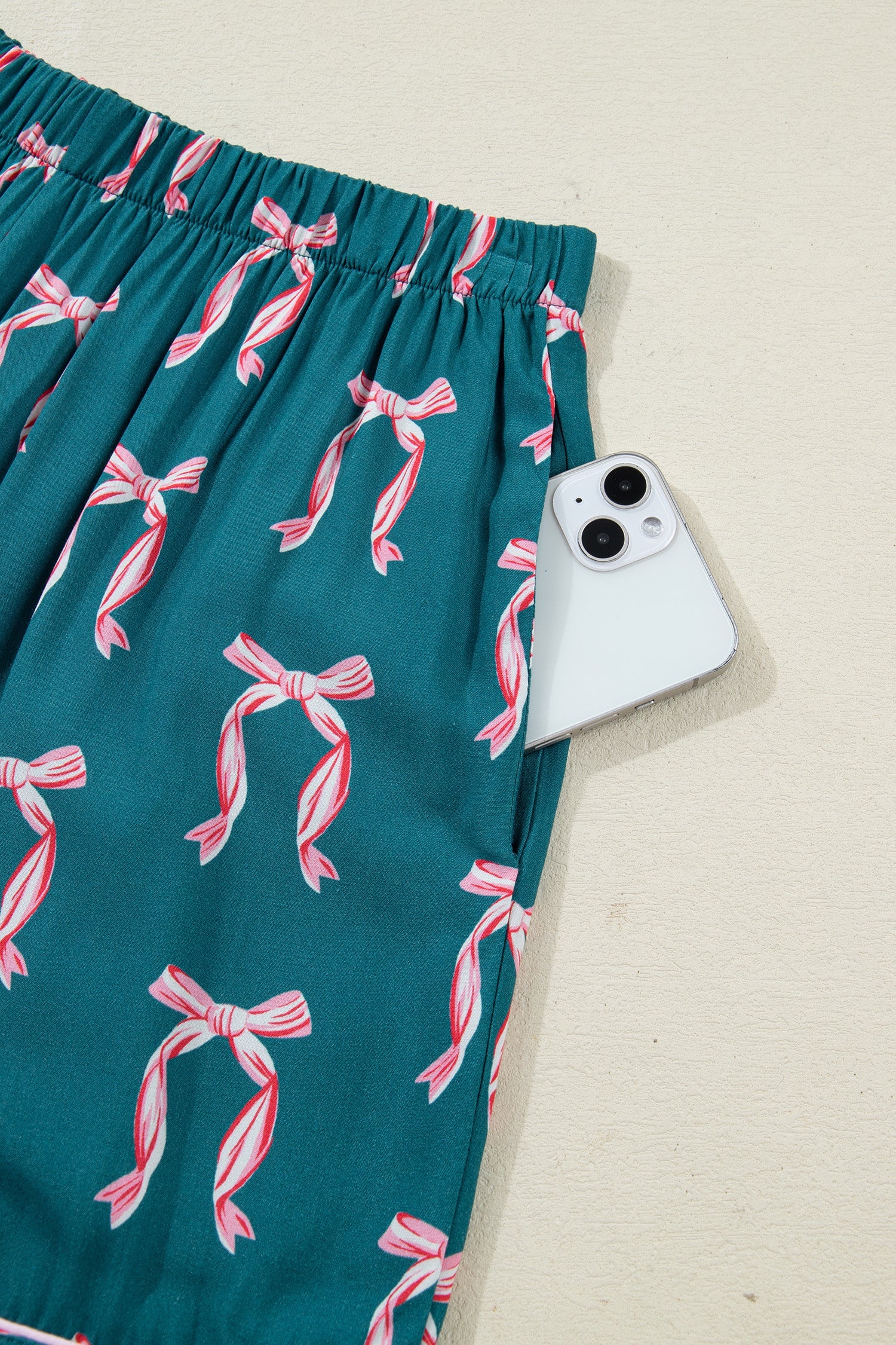 Green Ribbon Bow Print Long Sleeve Shirt and Shorts Pyjama Set - Loungewear & Sleepwear/Sleepwear