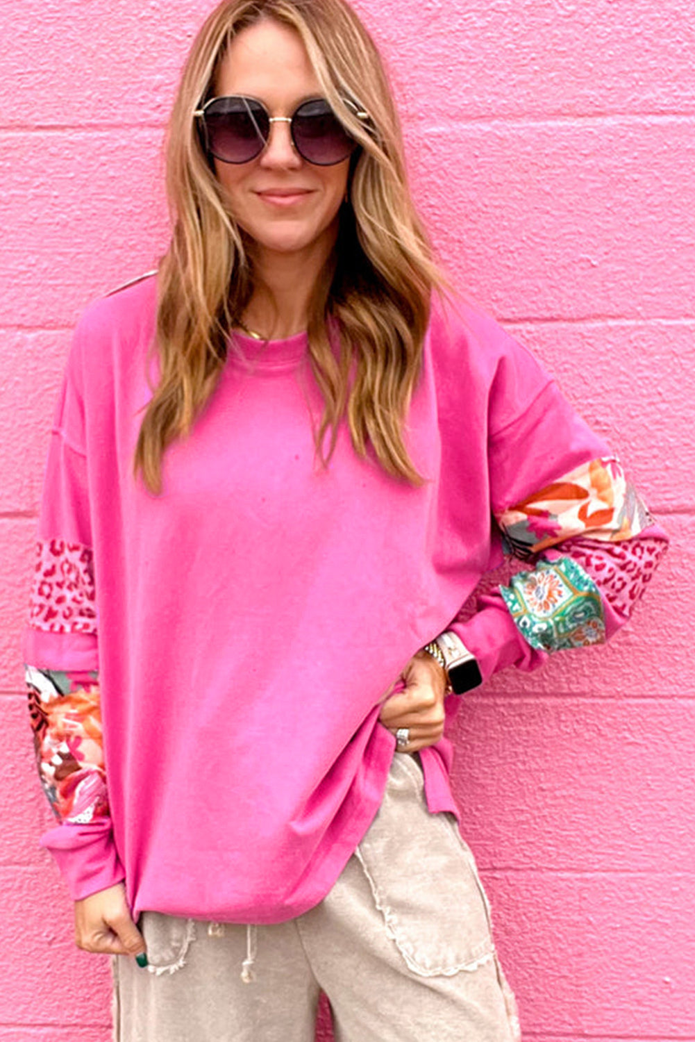 Sachet Pink Mixed Print Patch Drop Shoulder Pullover Top eAura