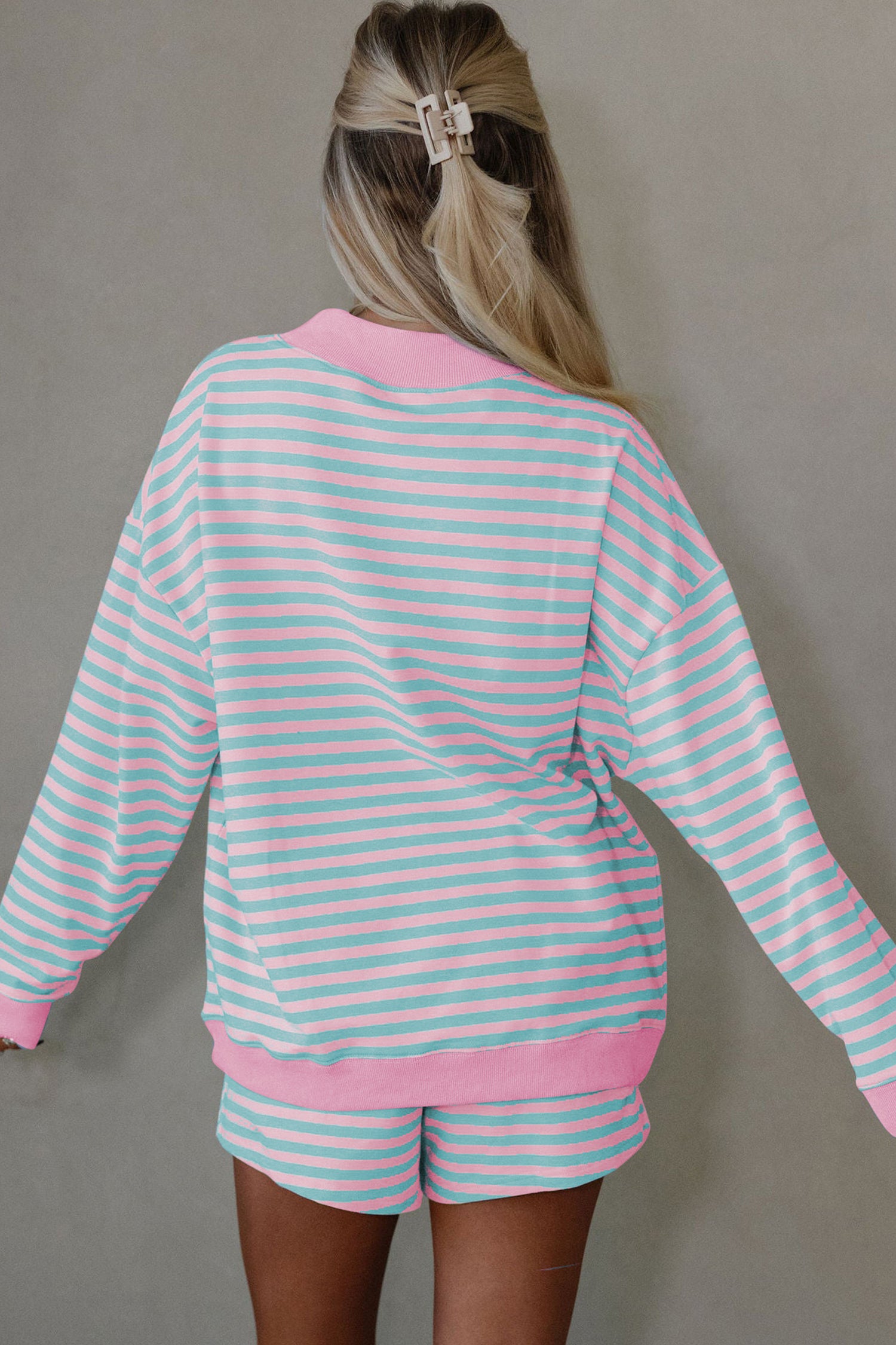 Color Block Detail Long Sleeve Pullover Elastic Waist Pull On Shorts 2pcs Set – Yellow Stripe