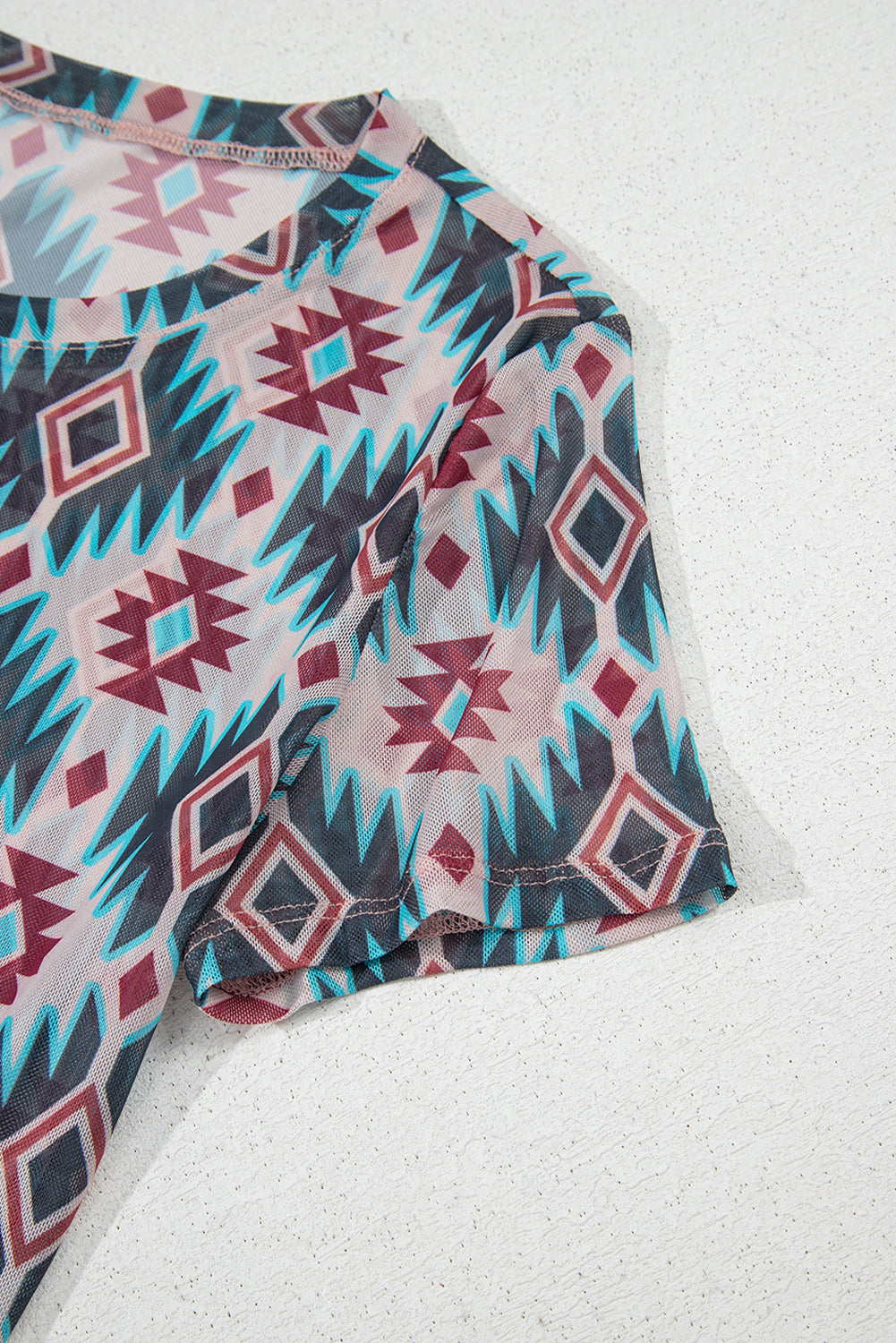 Blue Western Aztec Print Mesh Slim T Shirt eAura