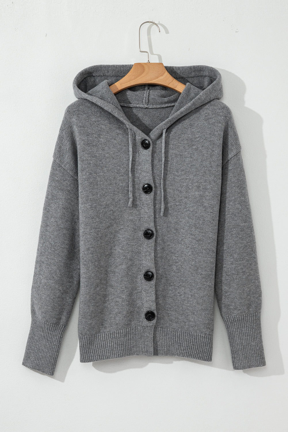 Medium Grey Drawstring Hooded Button Up Drop Shoulder Sweater Cardigan eAura