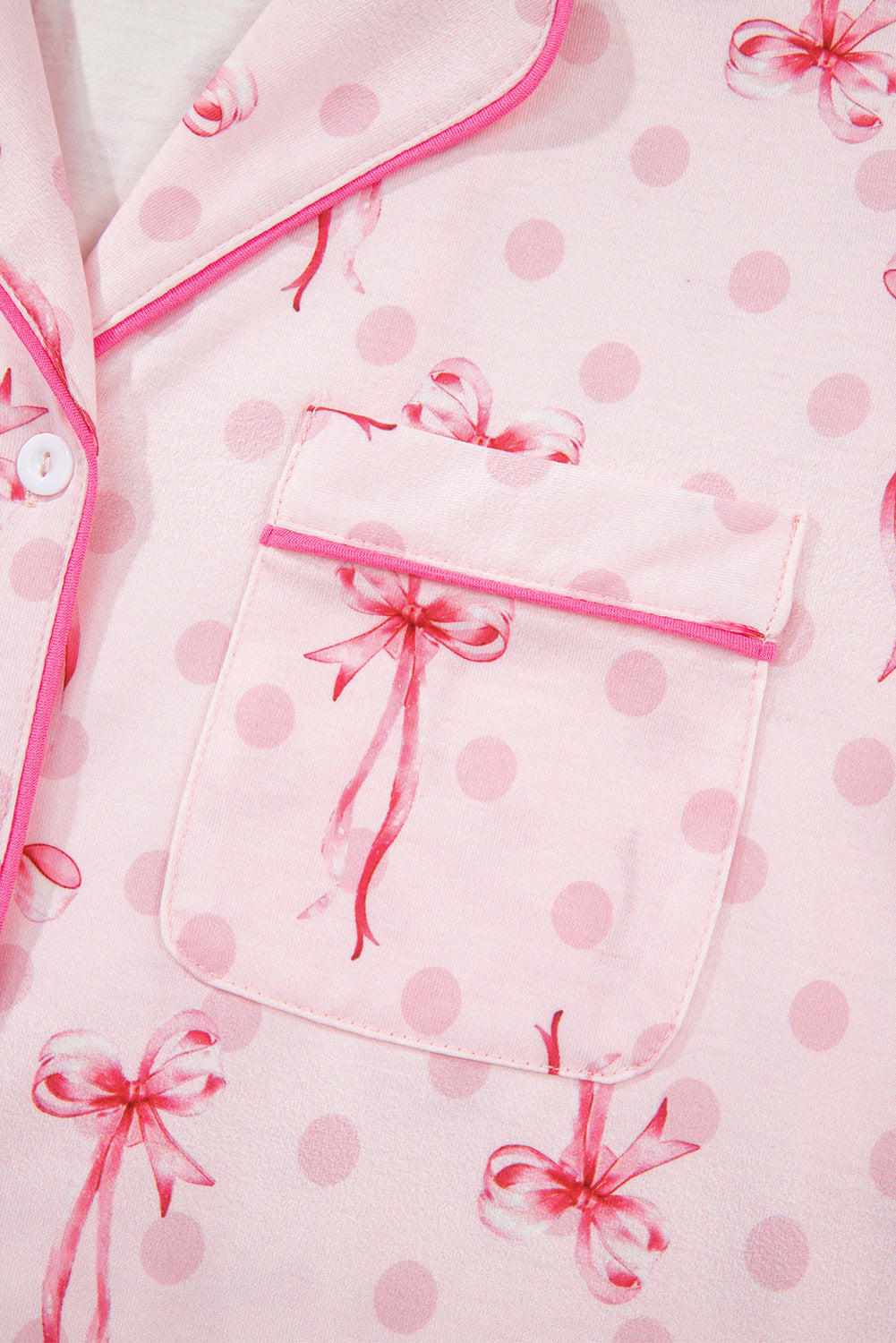 Pink Bow Print Contrast Pipping Short Pyjamas Set eAura