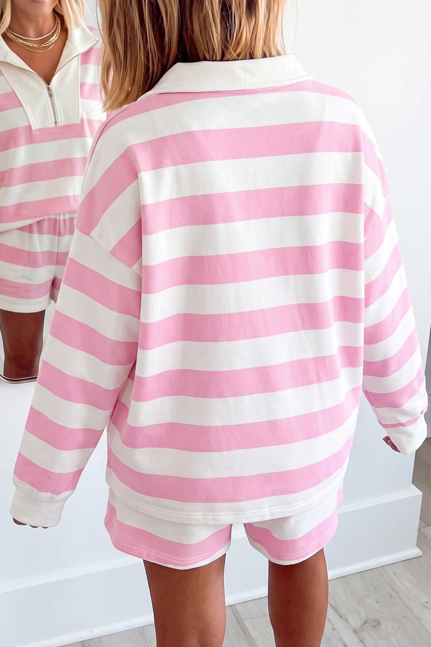 Patchwork Zipper Pullover Elastic Waist Shorts 2pcs Set – Pink Stripe
