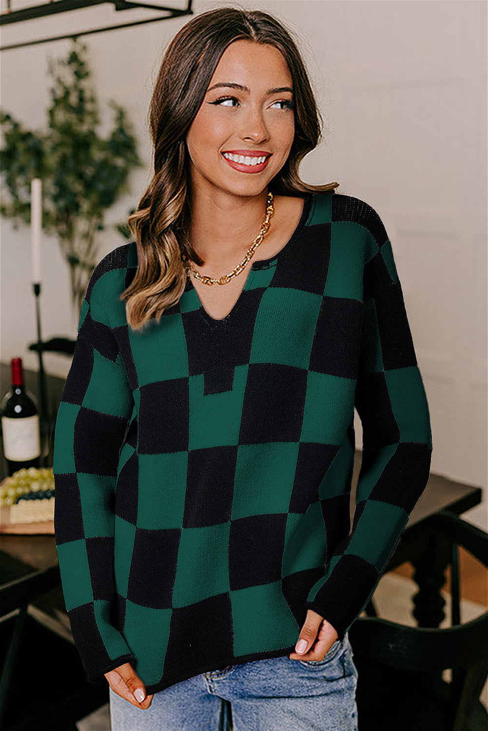Checked Notched Neckline Drop Shoulder Knit Sweater eAura