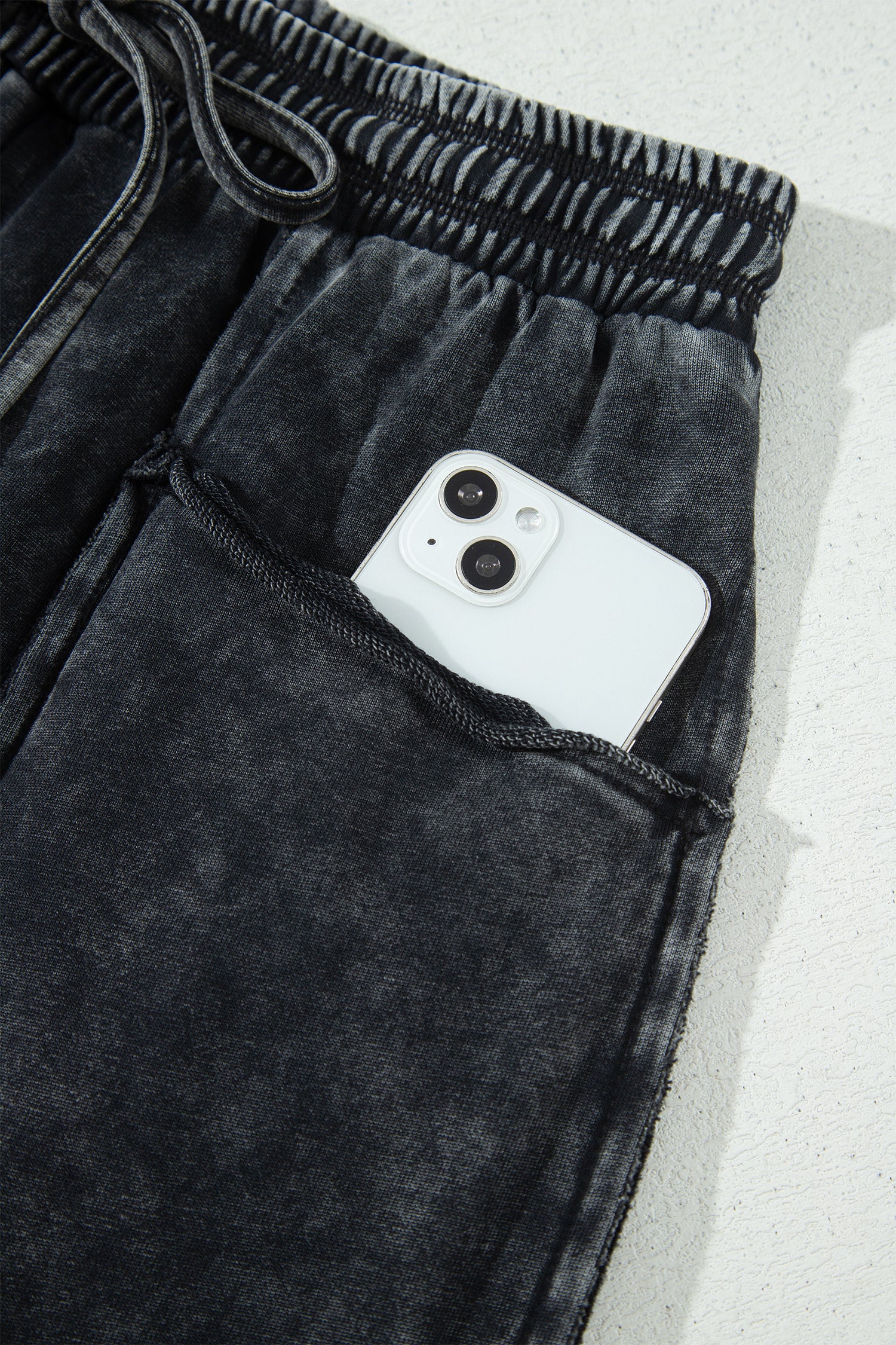 Mineral Wash Raw Seam Drawstring Elastic Waist Barrel Pants – Black