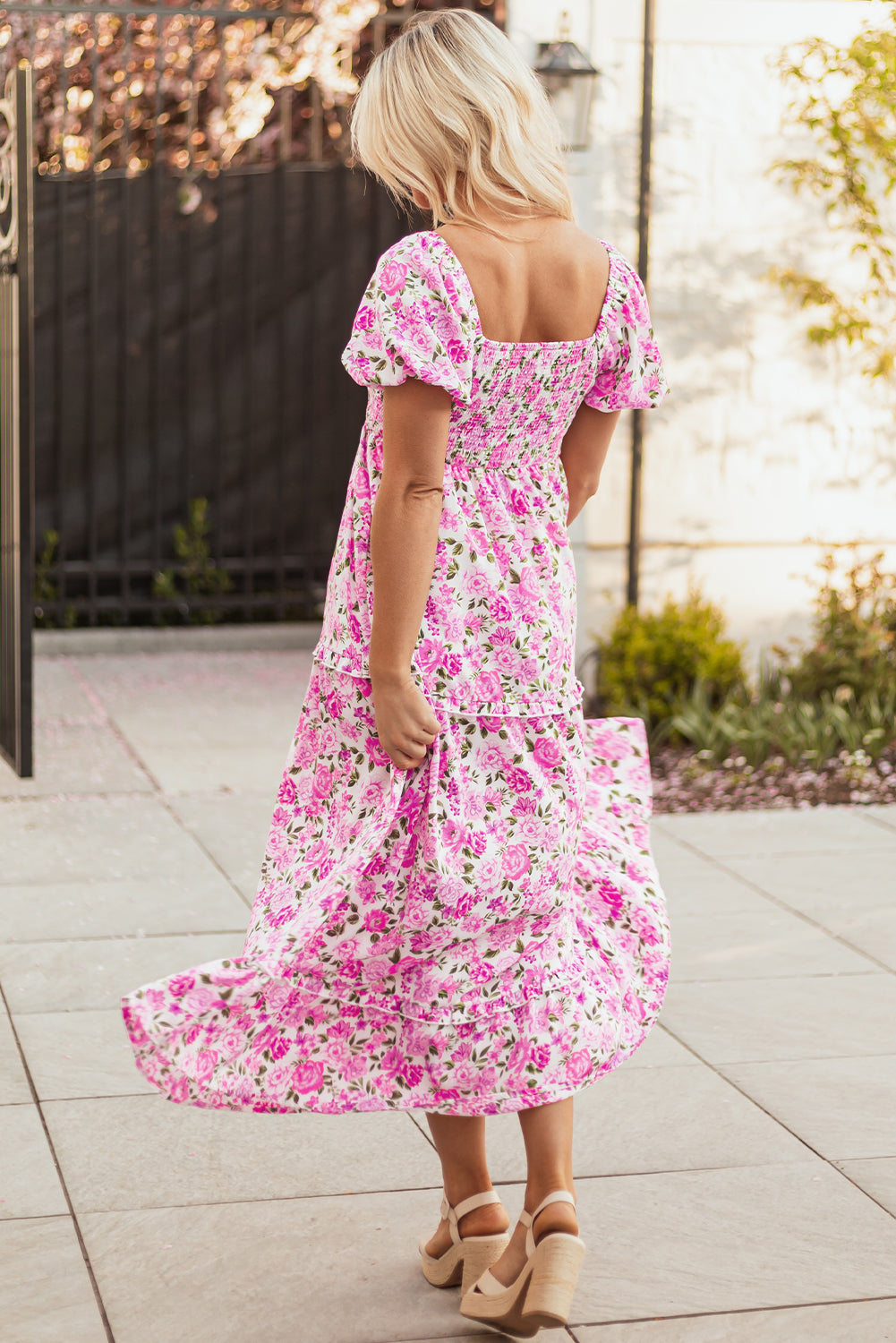 Pink Dainty Floral Smocked Puff Sleeve Flowy Long Dress eAura