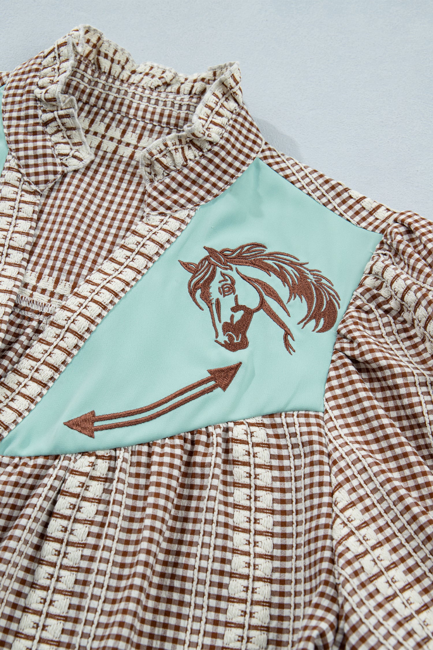 Western Pony Embroidered Yoke Puff Sleeve Gingham Blouse