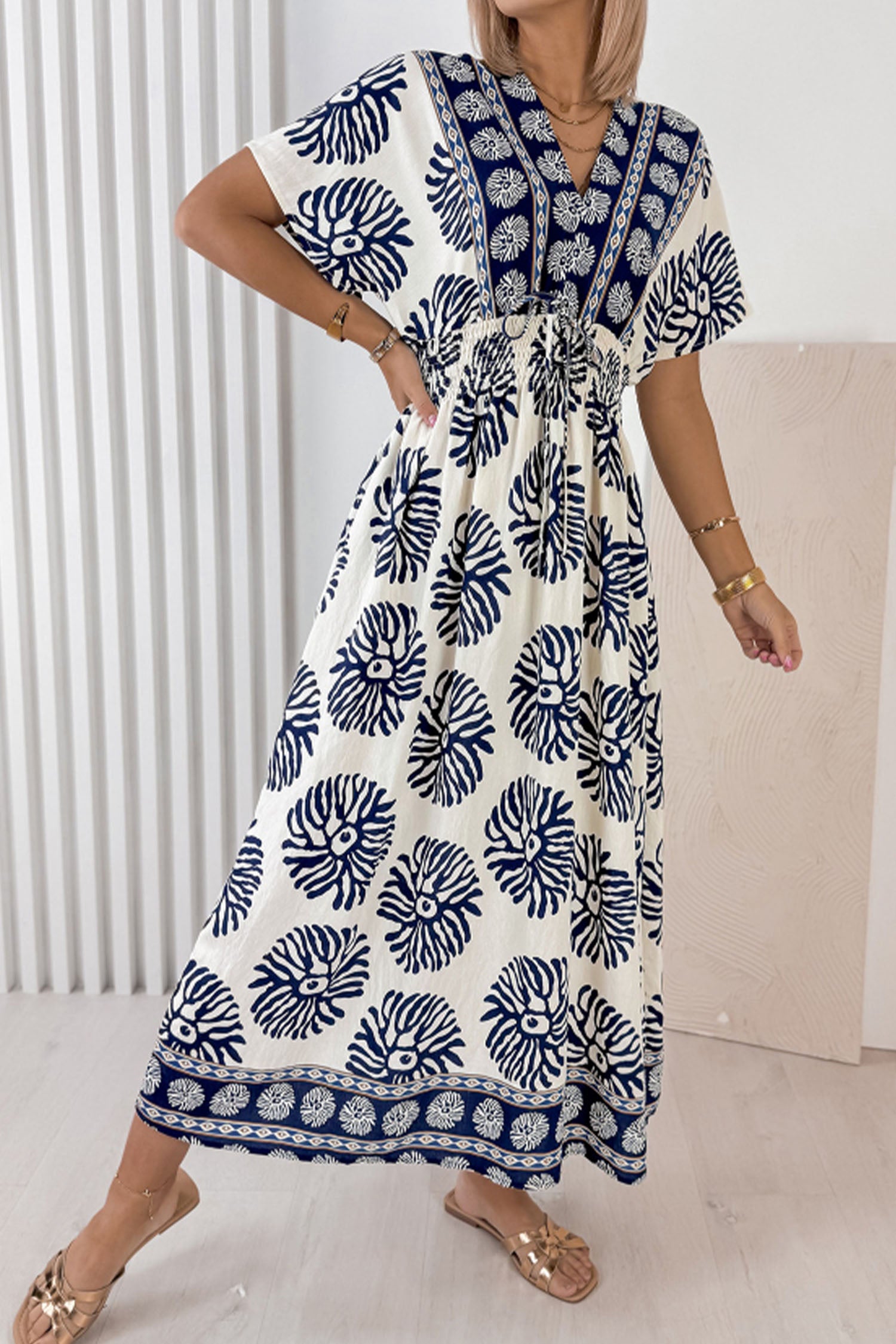Boho Floral Print Contrast Patchwork V Neck Dolman Maxi Dress – Blue