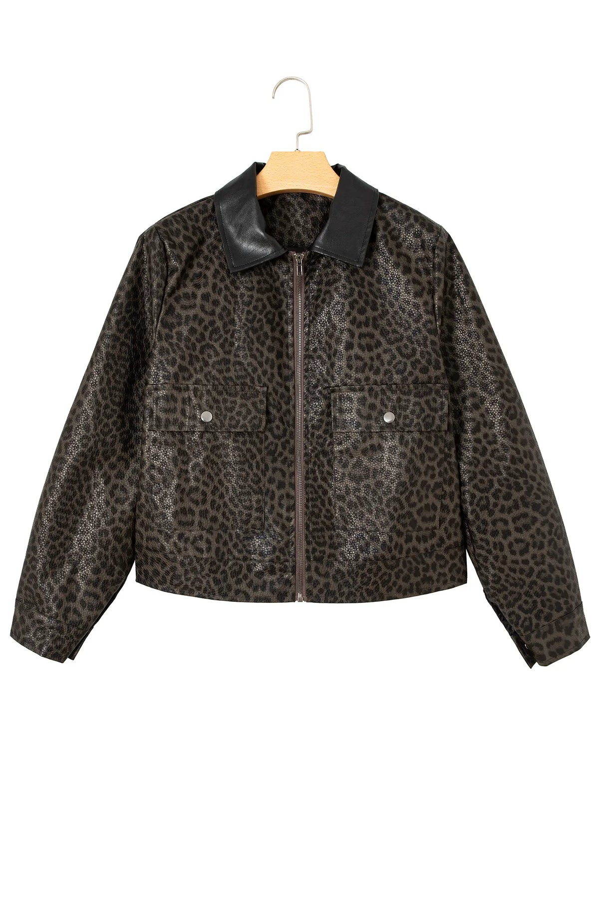 Leopard Print Colourblock Collar Metal Placket Jacket – Multicolour