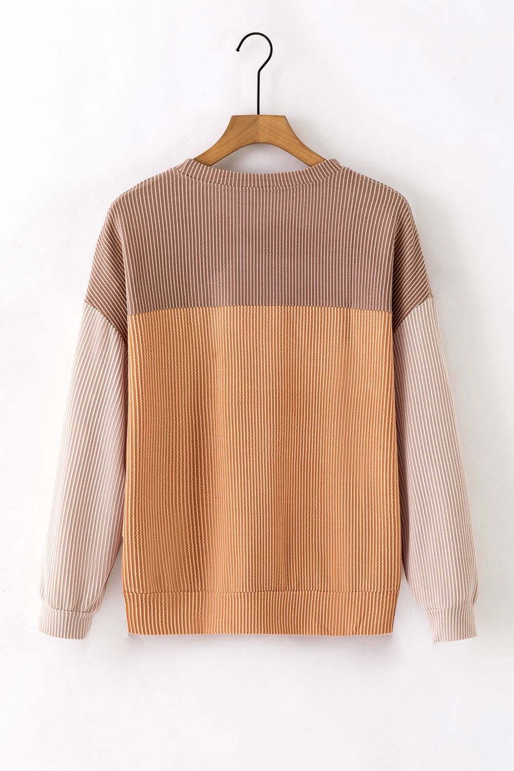 Khaki Colour Block Long Sleeve Ribbed Loose Top eAura