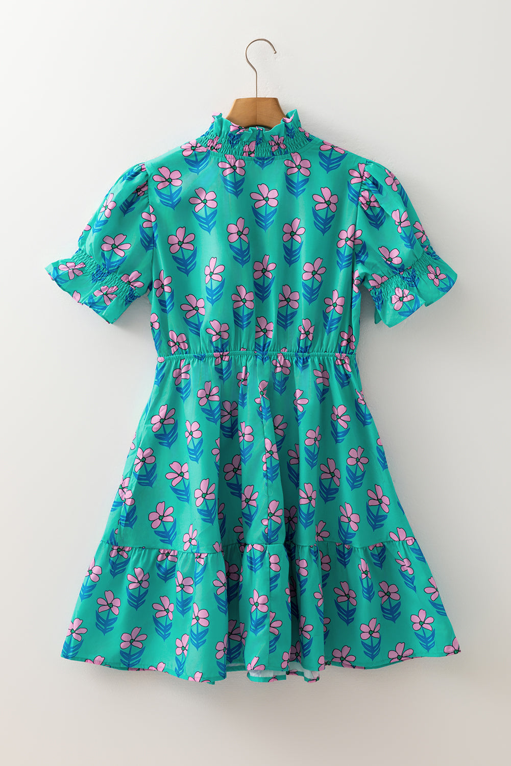 Green Floral Print Frilly Smocked Detail Mini Dress Dear-Lover Dropshipping