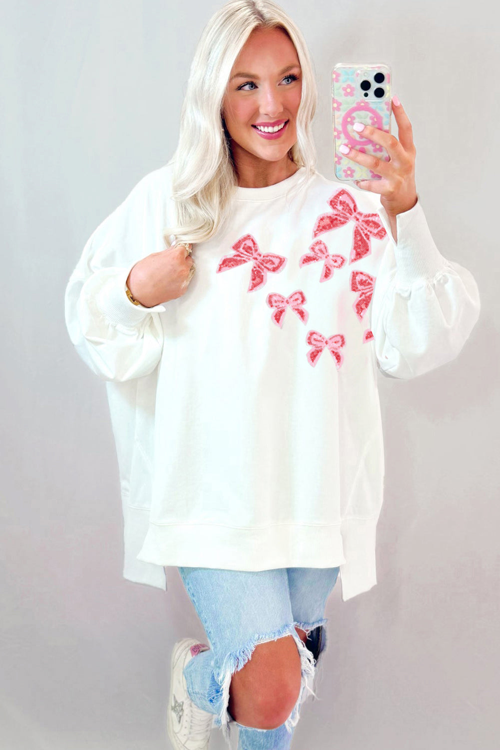 White Sequin Bowknot High Low Oversize Sweatshirt eAura