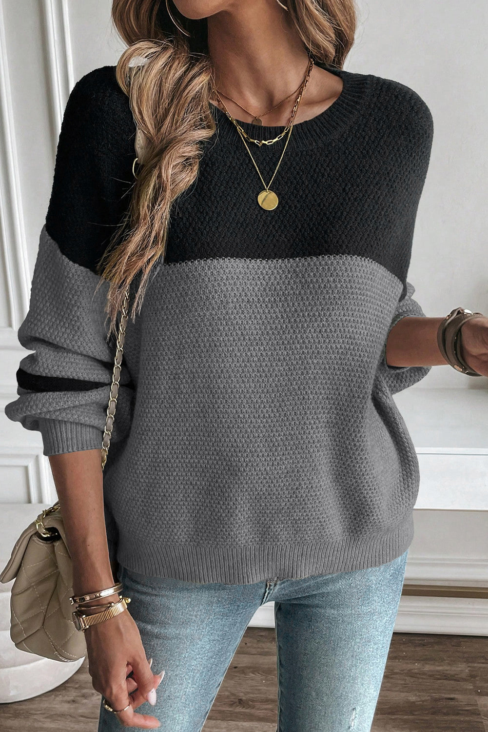 Colour Block Knit Striped Sleeve Detail Casual Sweater - eAura