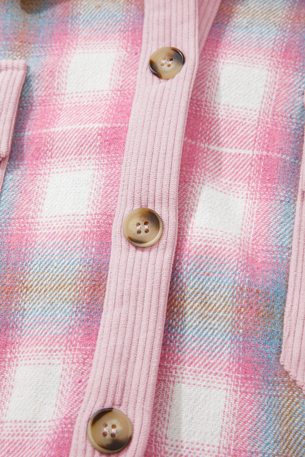Pink Brushed Plaid Ribbed Flap Pockets Patchwork Shacket eAura