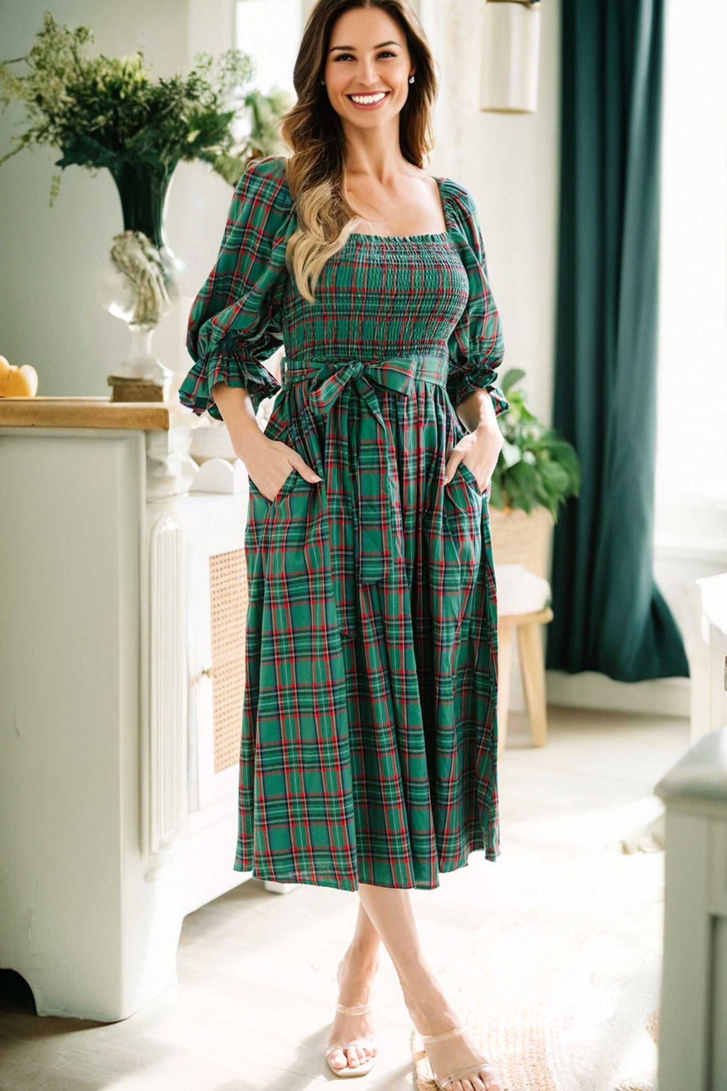 Tartan Plaid Square Neck Puff Sleeve Knot Waist Flared Midi Dress - eAura
