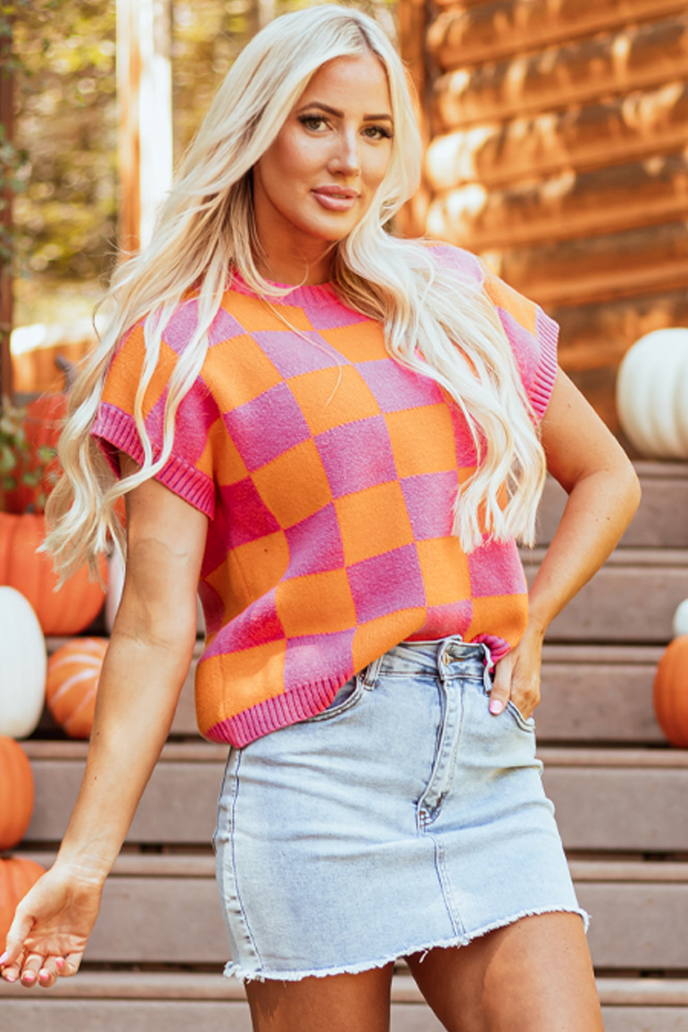 Sachet Pink Colourblock Plaid Pattern Ribbed Trim Sweater Tank Top eAura